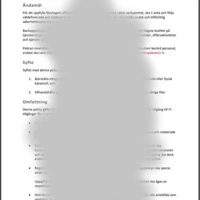 Mall exempel Policy för säkerhetskopiering av data